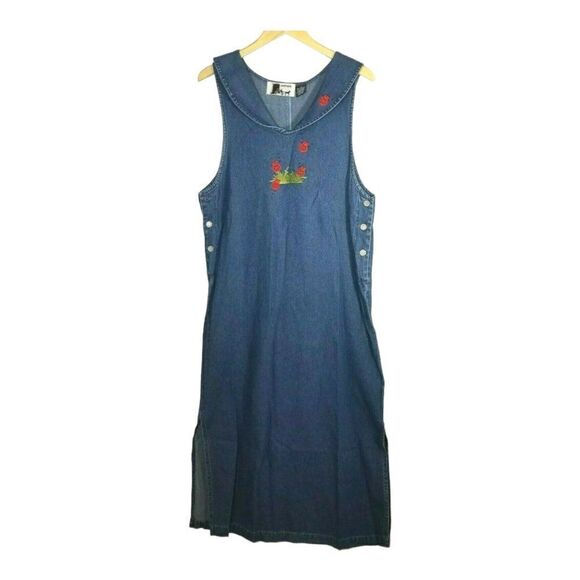Modest Maxi Dress Size Medium Long Denim Jumper Lady Bug Embroidered - Picture 1 of 8